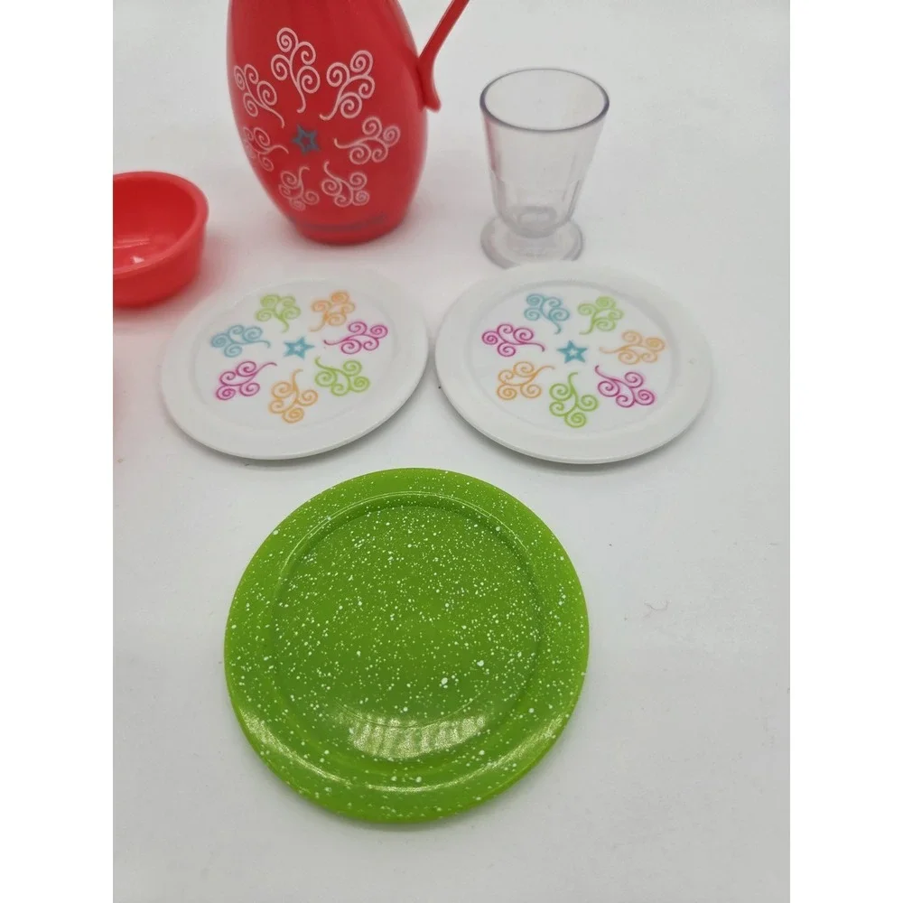 American Girl Doll Kit Pitcher Glass Plates Set Dishes Pink Green
